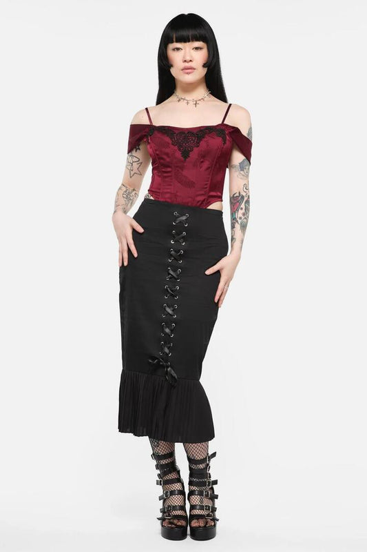 Image of a model wearing Skirts. Productname: Immortal Midi Skirt in Black colour by brand - Black Friday