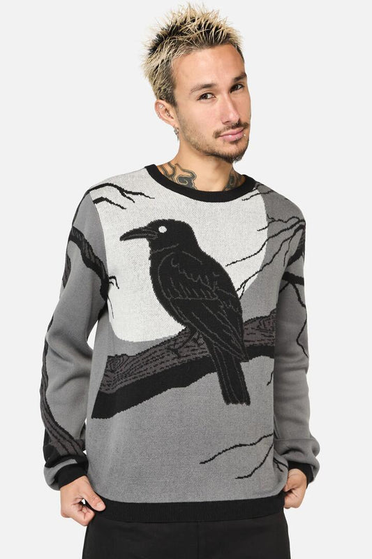 Image of a model wearing Outerwear. Productname: Apollo Crow Scene Knit Jumper in Multi colour by brand - Black Friday