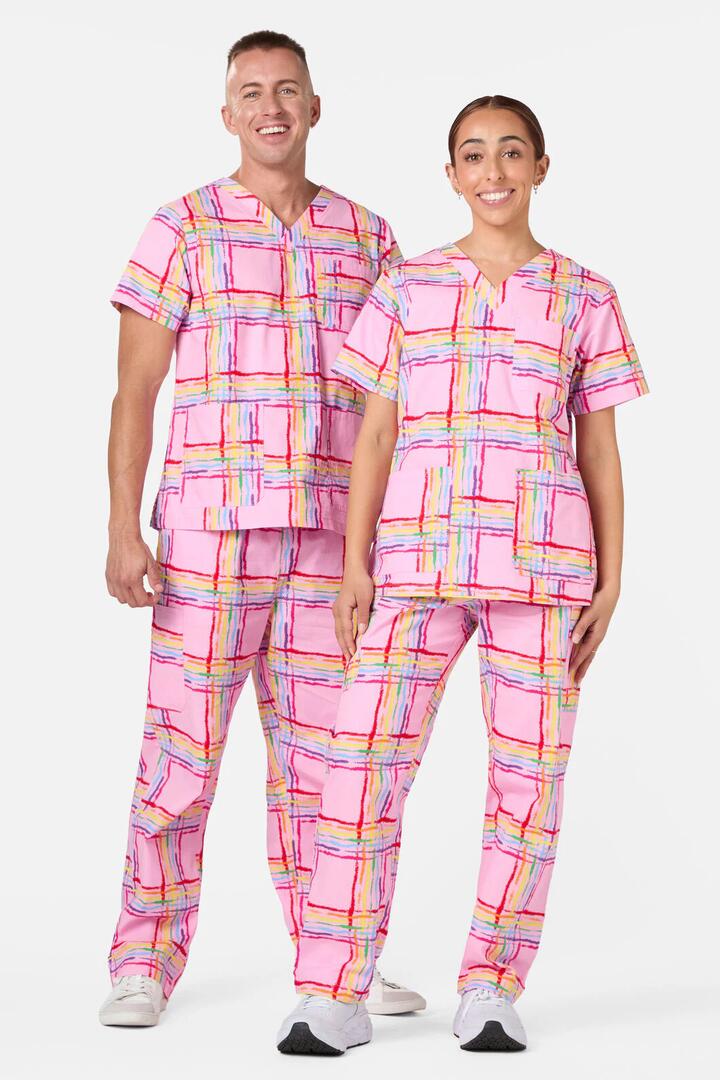 Image of a model wearing Uniforms & Workwear. Productname: Pink Tartan Scrub Set in Pink colour by brand - Scrubs With Love