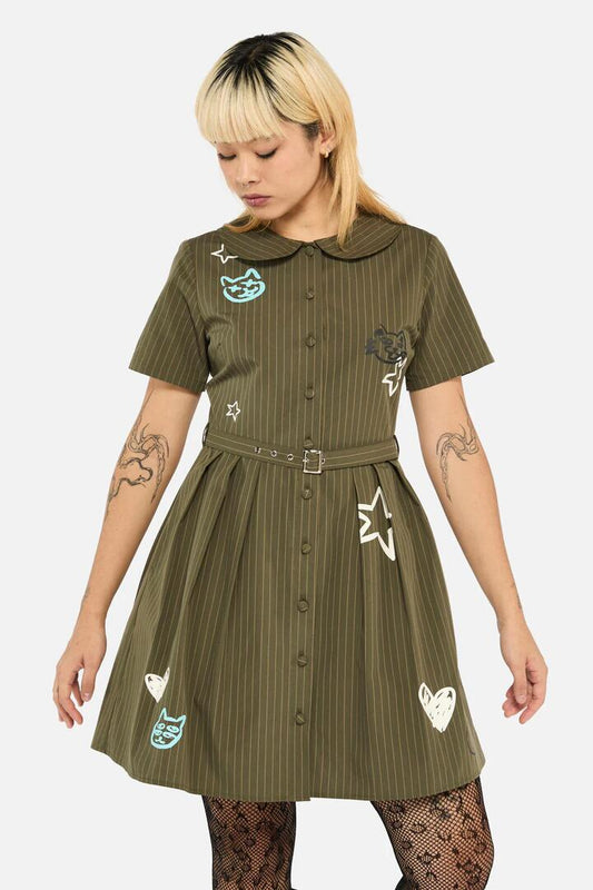 Image of a model wearing Dress. Productname: Graff Pinstripe Pleated Dress in Khaki colour by brand - Black Friday