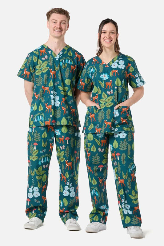 Image of a model wearing Uniforms & Workwear. Productname: Winter Deer Scrub Set in Teal colour by brand - Scrubs With Love