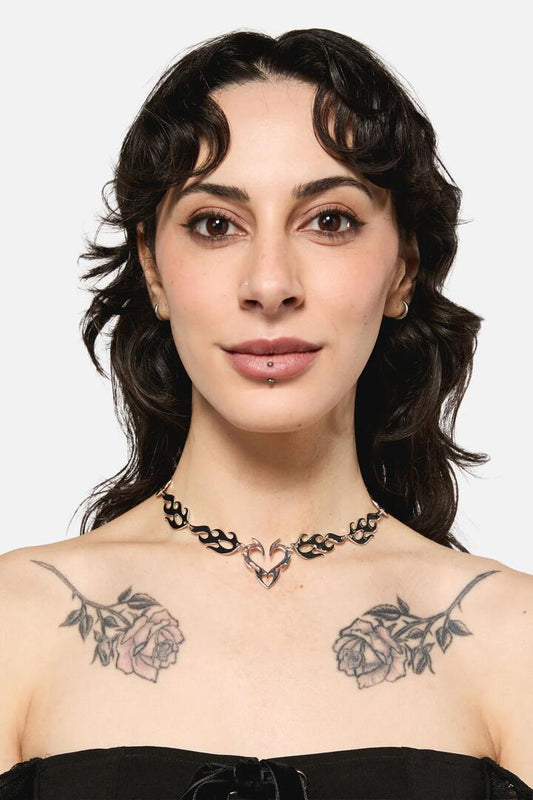 Image of Necklaces. Productname: Flaming Tattoo Heart Necklace in Silver colour by brand - Black Friday
