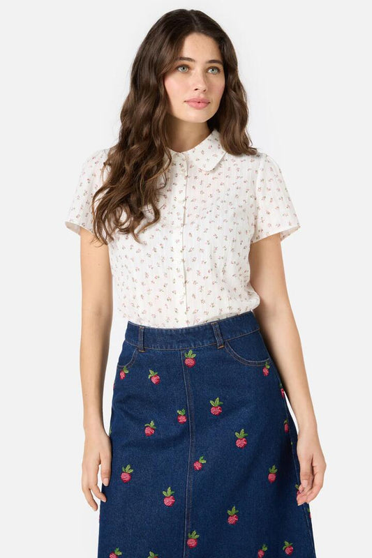 Image of a model wearing Tops. Productname: Spring Ditsy Cotton Blouse in Cream colour by brand - Princess Highway