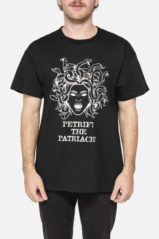 Image of a model wearing Tops. Productname: Feminist Slogan Cotton Tee in Black colour by brand - Dangerfield