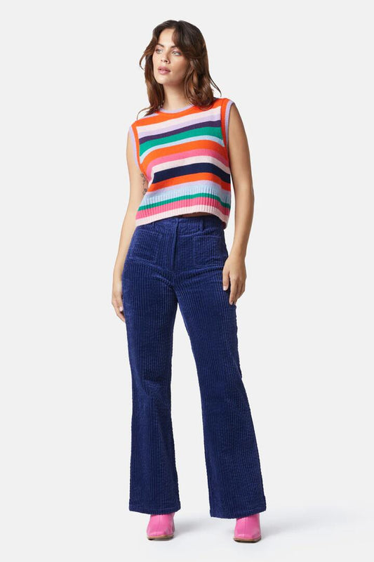 Image of a model wearing Pants. Productname: Cord Flare Pant in Navy colour by brand - Gorman