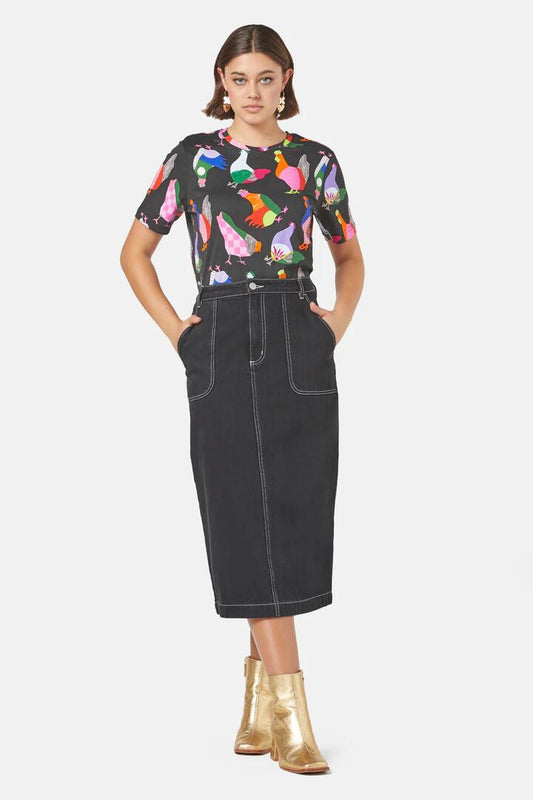 Image of a model wearing Denim. Productname: Midnight Denim Skirt in Black colour by brand - Gorman