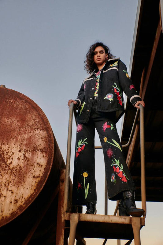 Image of a model wearing Denim. Productname: Winter Waratah Embroidered Jeans in Black colour by brand - Gorman