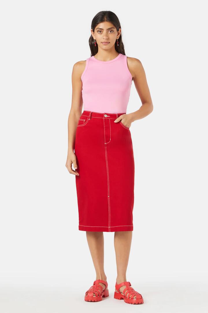 Image of a model wearing Denim. Productname: Georgia Denim Skirt in Red colour by brand - Gorman
