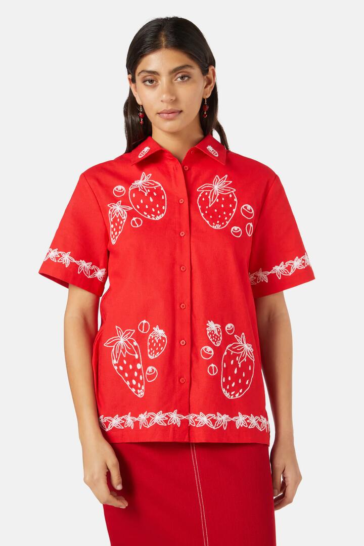 Image of Shirts. Product name - Strawberry Patch Embroidered Shirt in Red colour by brand - Gorman