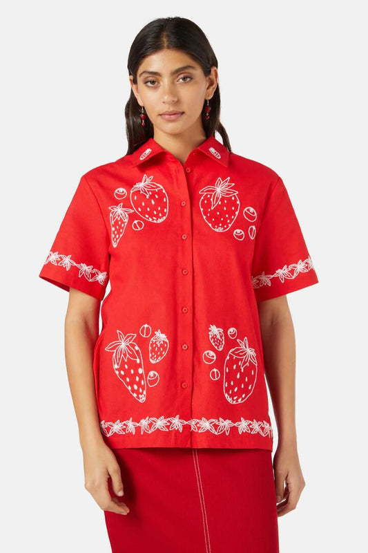 Image of Shirts. Product name - Strawberry Patch Embroidered Shirt in Red colour by brand - Gorman