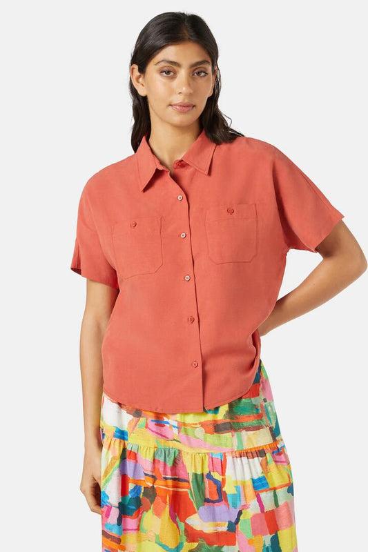 Image of a model wearing Tops. Productname: Holland Shirt in Rust colour by brand - Gorman