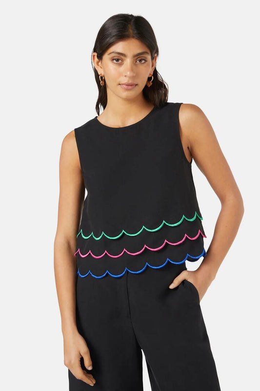 Image of a model wearing Tops. Productname: Neon Scallop Embroidered Tank in Black colour by brand - Gorman