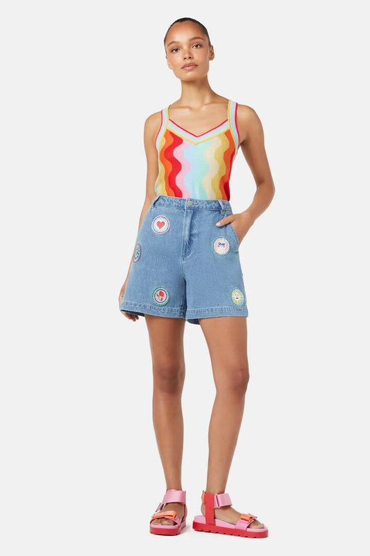 Image of a model wearing Shorts. Productname: Bring A Plate Denim Shorts in Denim colour by brand - Gorman