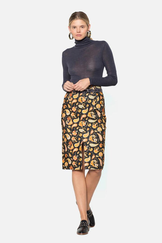 Image of a model wearing Skirts. Productname: Paisley Cord Skirt in Print colour by brand - Gorman