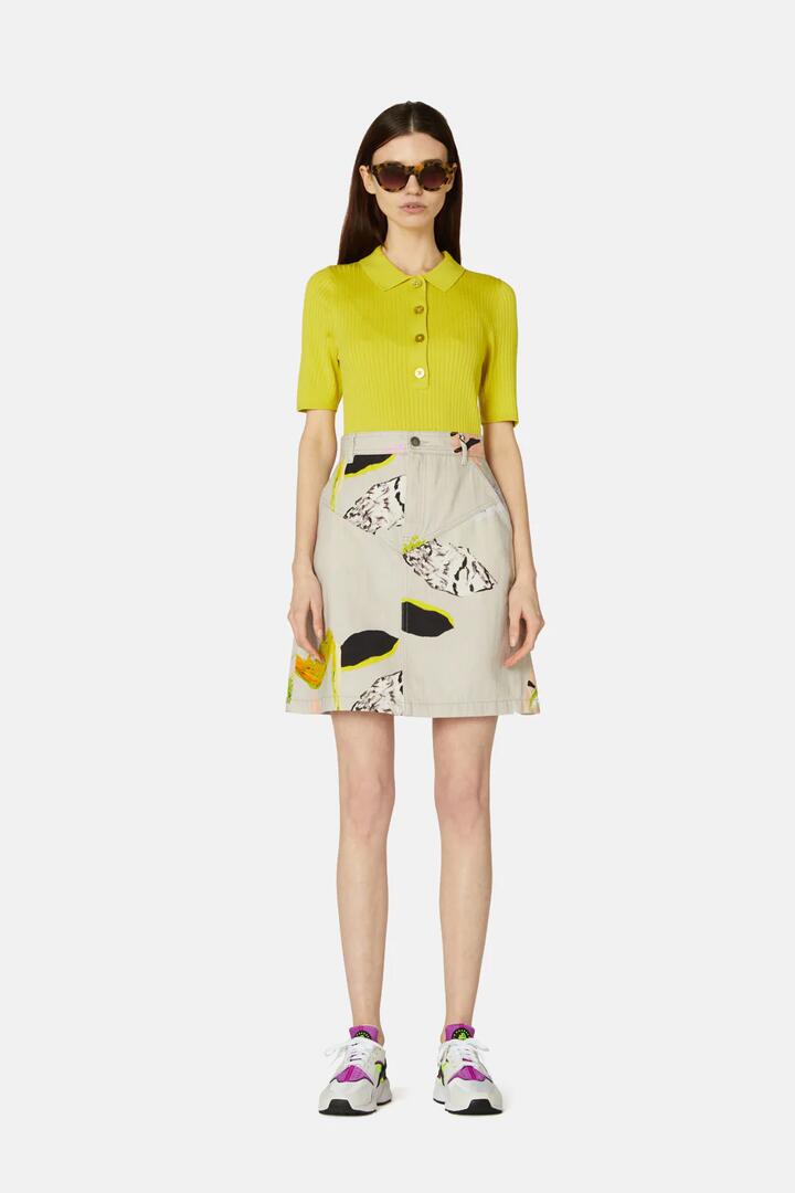 Image of a model wearing Denim. Productname: Floret Denim Skirt in Print colour by brand - Gorman