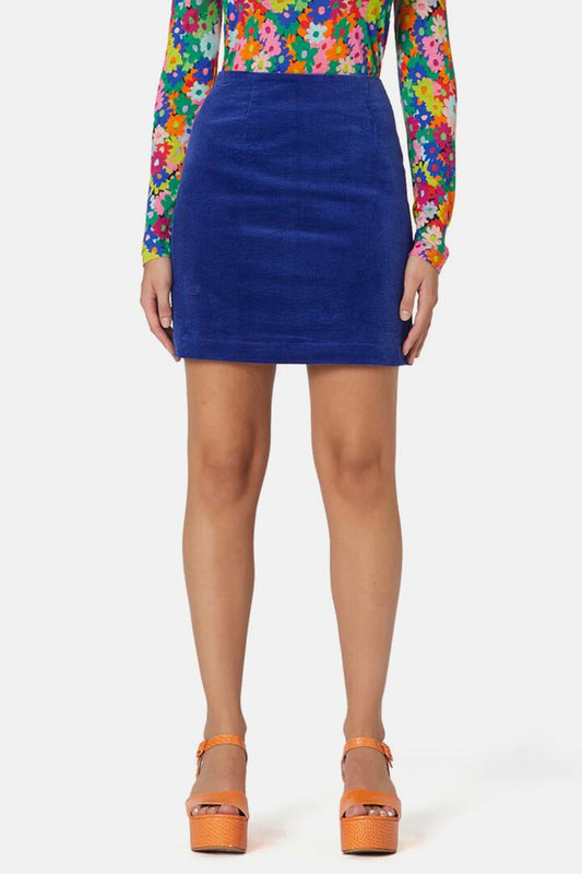 Image of a model wearing Skirts. Productname: Cord Mini Skirt in Blue colour by brand - Gorman