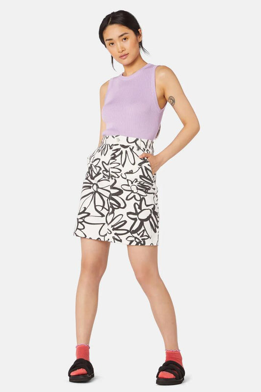 Image of a model wearing Skirts. Productname: Solo Daisy Mini Skirt in Print colour by brand - Gorman