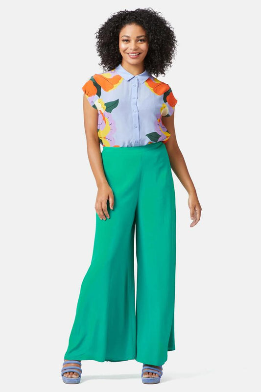 Image of a model wearing Pants. Productname: Andrea Flare Pants in Green colour by brand - Gorman