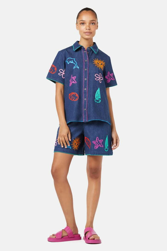 Image of a model wearing Denim. Productname: Taking Time Embroidered Denim Shirt in Denim colour by brand - Gorman