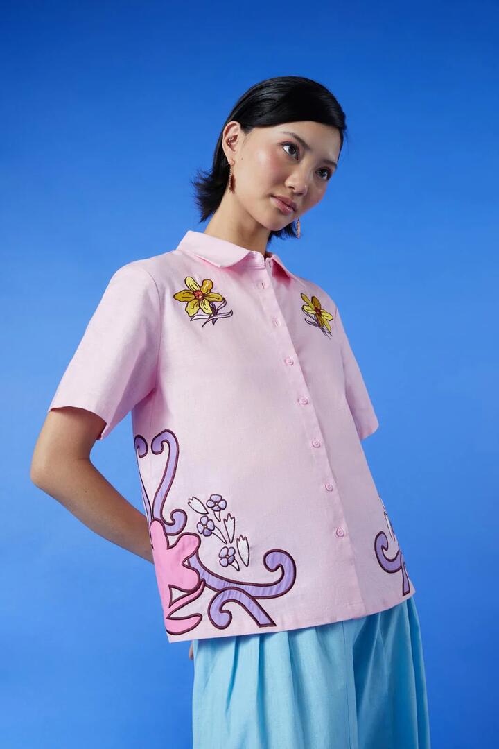 Image of a model wearing Tops. Productname: Rolling Stone Shirt in Pink colour by brand - Gorman