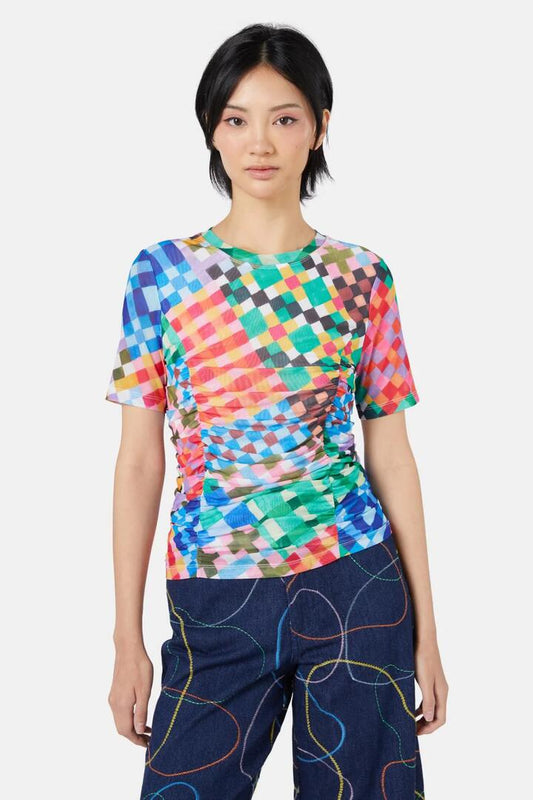 Image of a model wearing Tops. Productname: Gingham Garden Mesh Top in Print colour by brand - Gorman