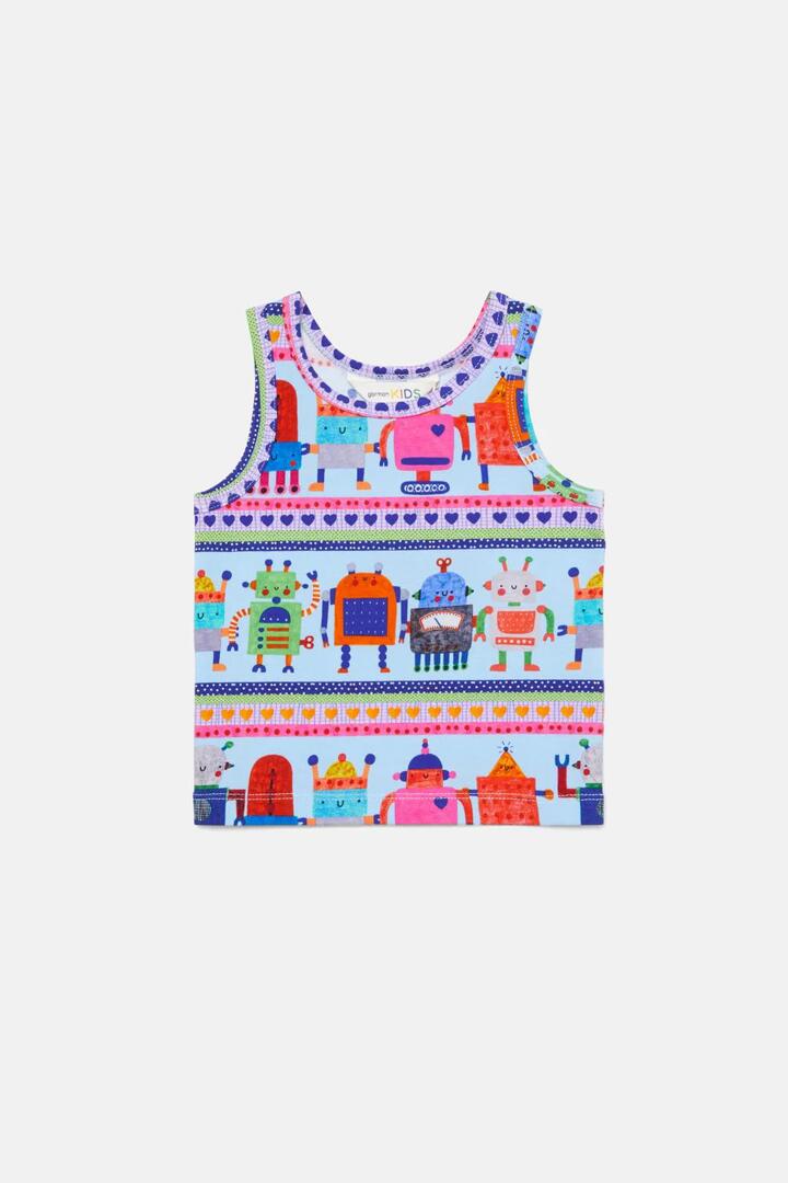 Image of a model wearing Tops. Productname: Robots Baby Tank in Blue colour by brand - Gorman