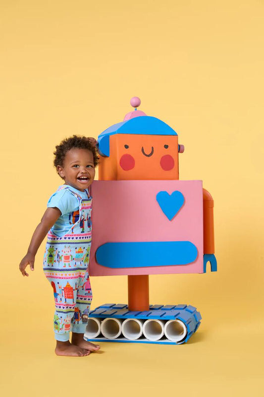 Image of a model wearing Pants. Productname: Robots Baby Overalls in Blue colour by brand - Gorman