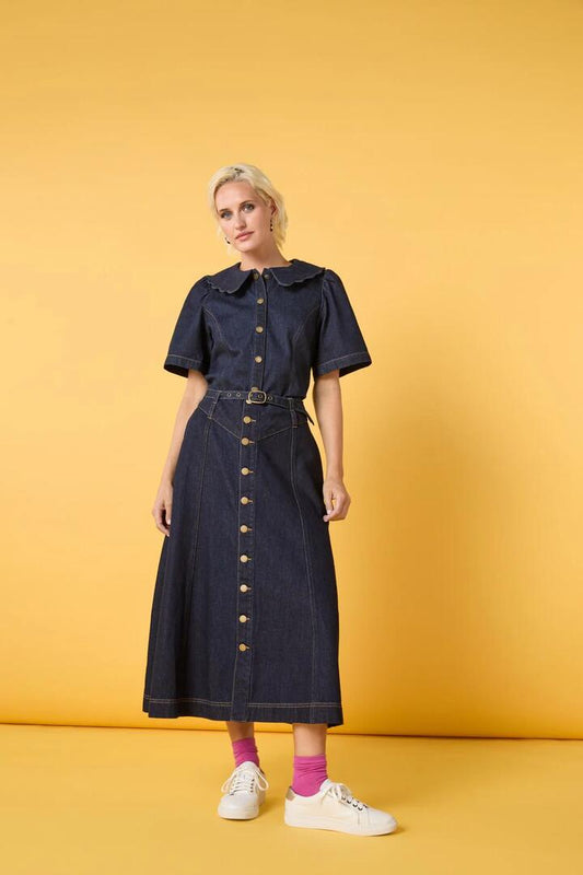 Image of a model wearing Denim. Productname: Juniper Denim Skirt in Indigo colour by brand - Gorman