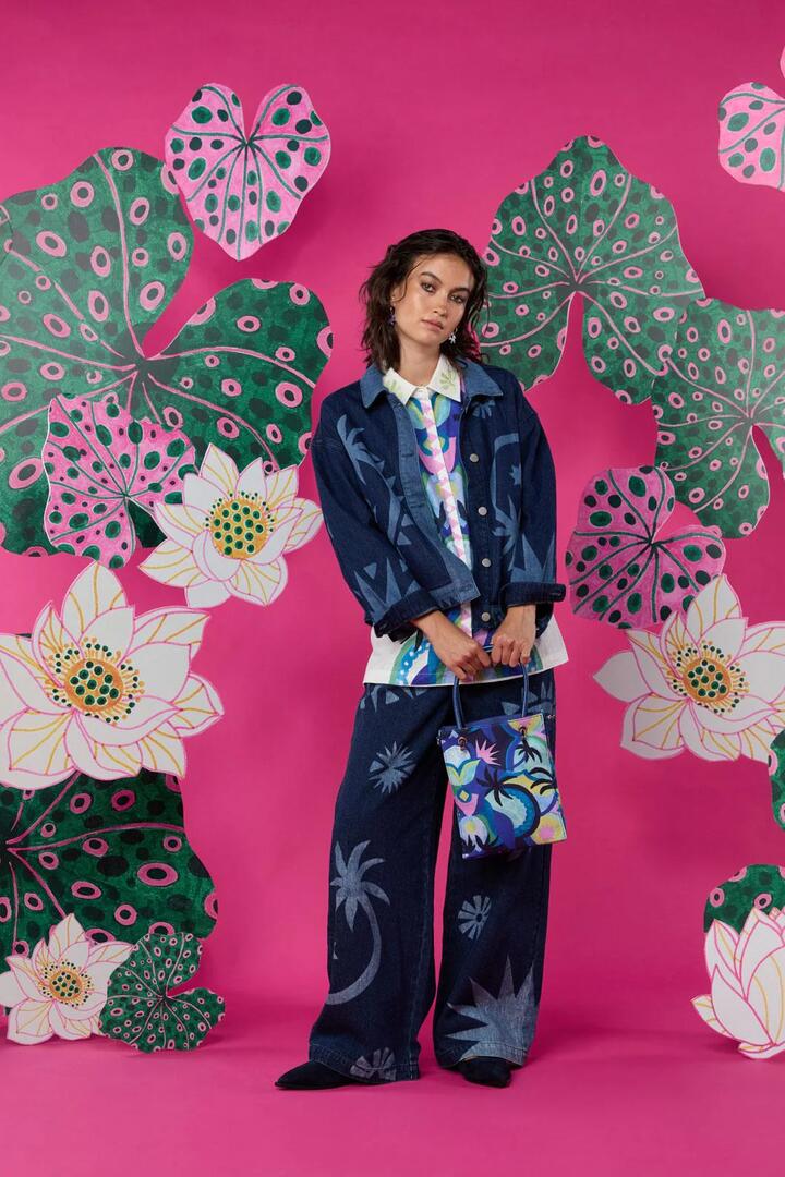 Image of a model wearing Outerwear. Productname: Jade Denim Jacket in Print colour by brand - Gorman