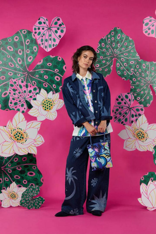 Image of a model wearing Outerwear. Productname: Jade Denim Jacket in Print colour by brand - Gorman