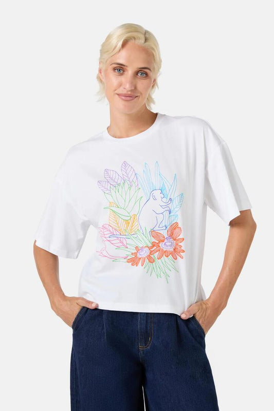 Image of a model wearing Tops. Productname: Monkey Forest Tee in White colour by brand - Gorman