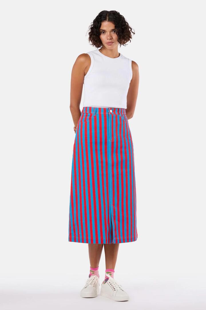 Image of a model wearing Denim. Productname: Line Dancing Denim Skirt in Stripe colour by brand - Gorman