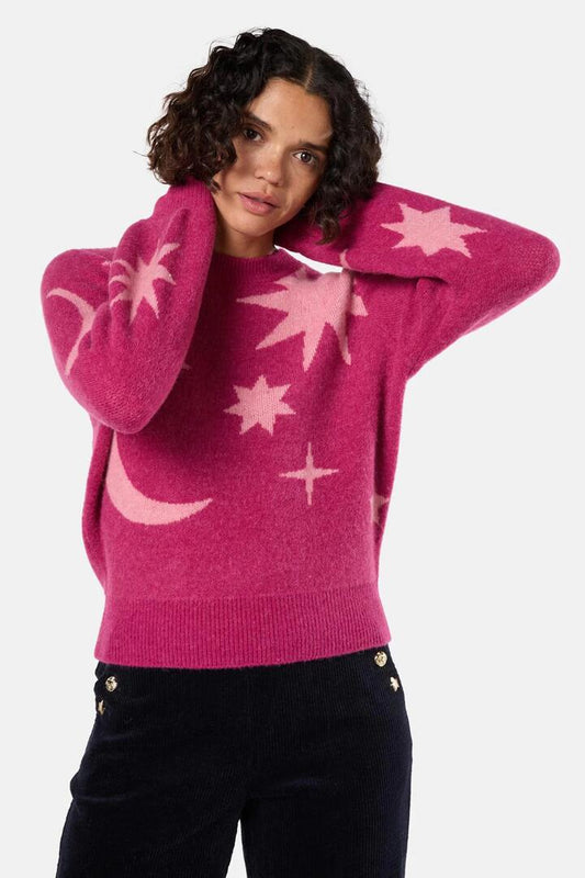 Image of a model wearing Outerwear. Productname: Constellation Jumper in Plum colour by brand - Gorman