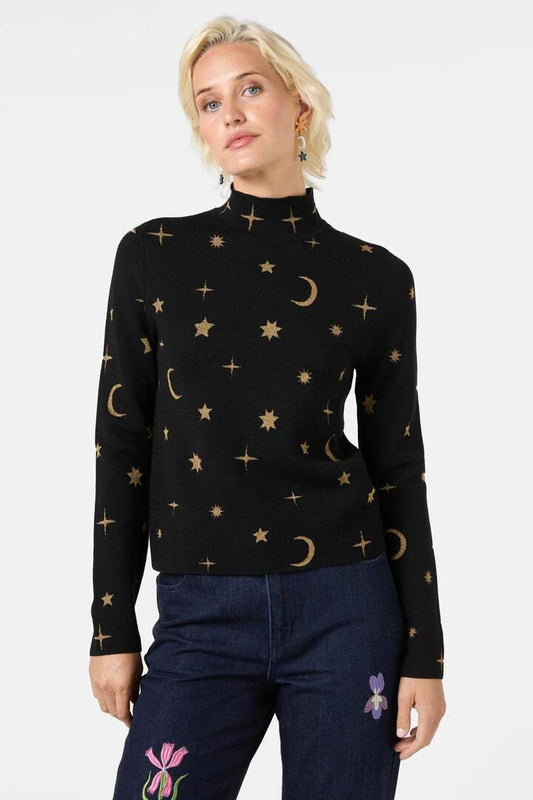 Image of a model wearing Tops. Productname: Constellation Knit Top in Black colour by brand - Gorman