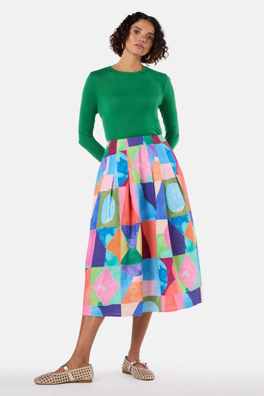 Image of a model wearing Skirts. Productname: Cutting Shapes Midi Skirt in Print colour by brand - Gorman