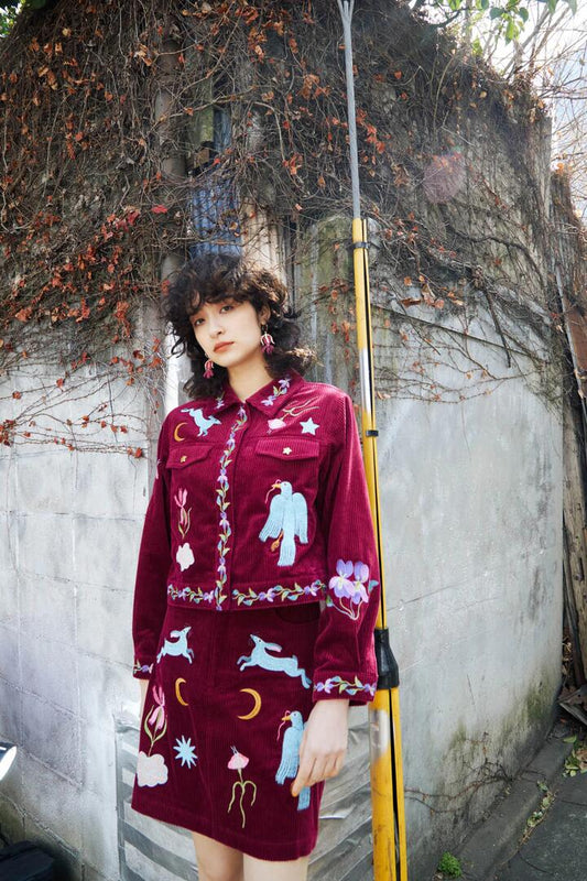 Image of a model wearing Outerwear. Productname: Daydream Embroidered Jacket in Plum colour by brand - Gorman