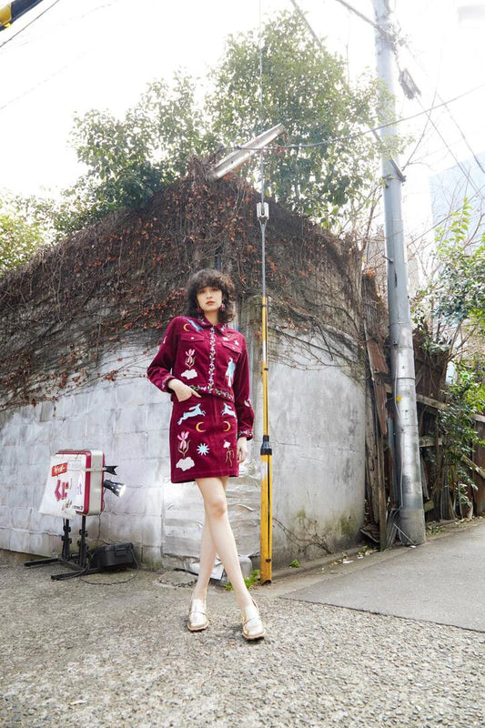 Image of a model wearing Skirts. Productname: Daydream Embroidered Mini in Plum colour by brand - Gorman