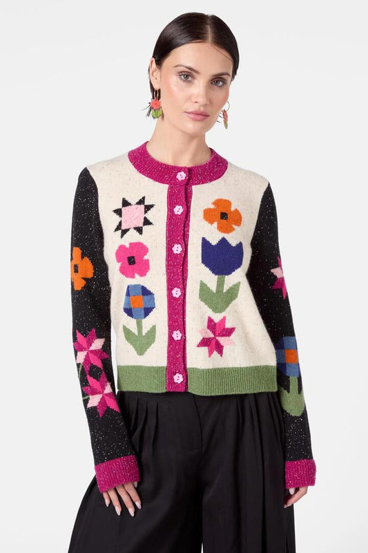 Image of a model wearing Outerwear. Productname: Heirloom Patchwork Cardigan in Multi colour by brand - Gorman