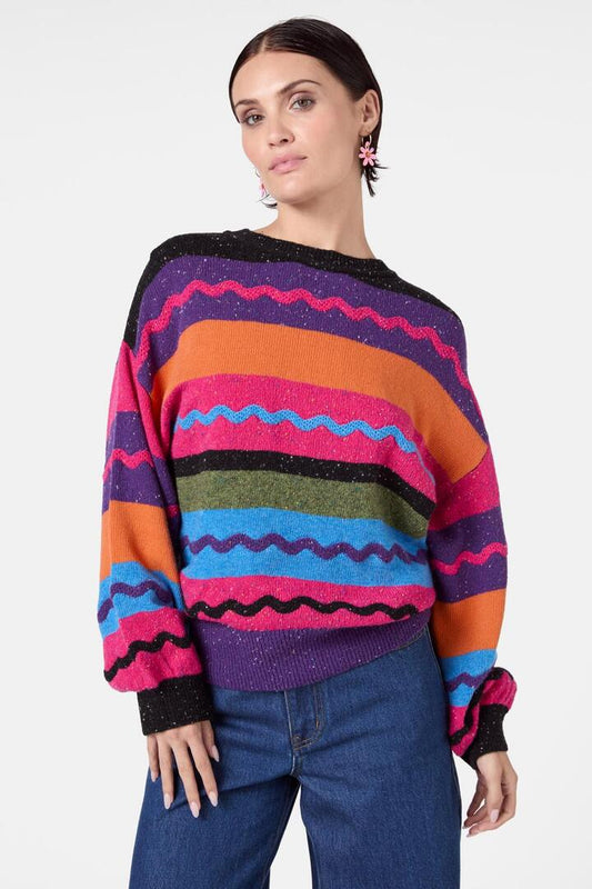 Image of a model wearing Outerwear. Productname: Heirloom Stripe Jumper in Multi colour by brand - Gorman
