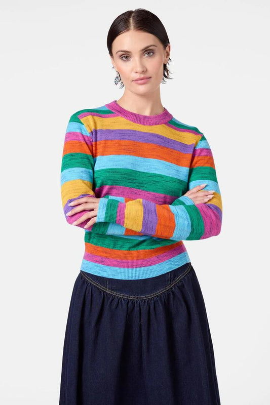 Image of a model wearing Outerwear. Productname: Technicolor Jumper in Stripe colour by brand - Gorman