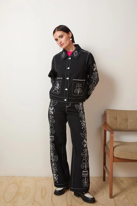Image of a model wearing Outerwear. Productname: Folk Tales Embroidered Jacket in Black colour by brand - Gorman