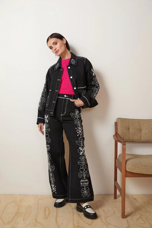 Image of a model wearing Denim. Productname: Folk Tales Embroidered Jeans in Black colour by brand - Gorman