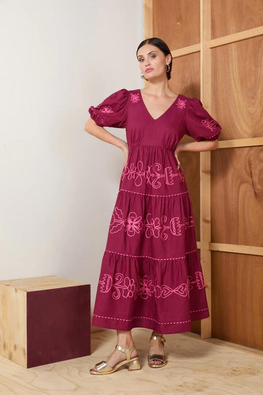 Image of Dresses. Productname: Folk Tales Tiered Dress in Wine colour by brand - Gorman