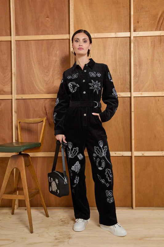 Image of a model wearing Pants. Productname: Lost And Found Boiler Suit in Black colour by brand - Gorman