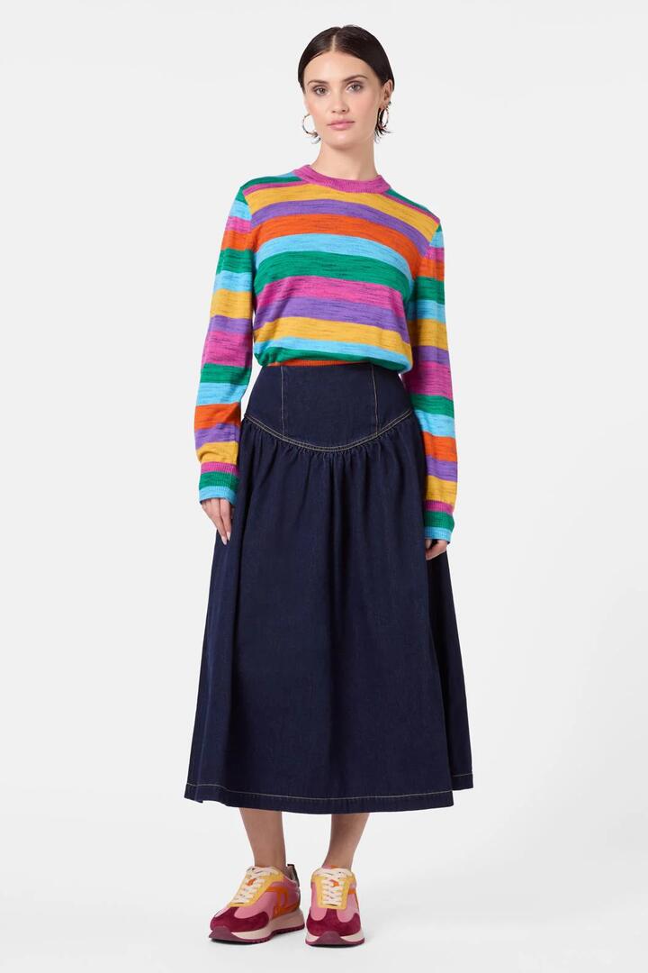 Image of a model wearing Denim. Productname: Nova Denim Skirt in Indigo colour by brand - Gorman