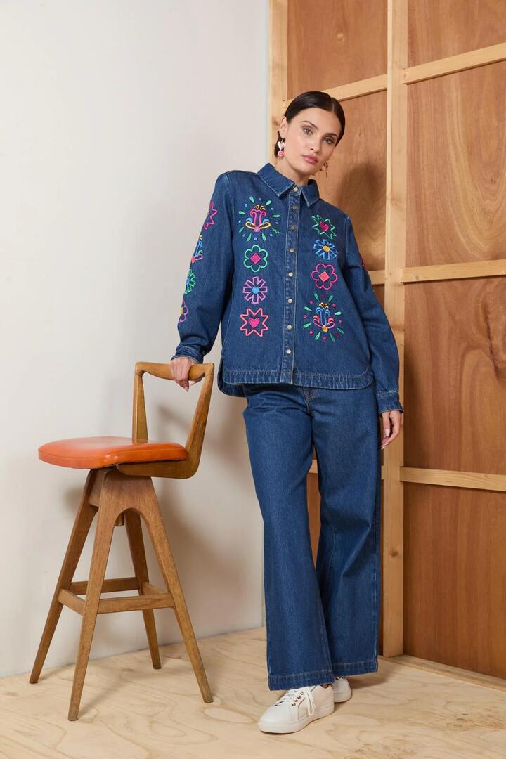 Image of a model wearing Outerwear. Productname: Friendly Folk Denim Shacket in Denim colour by brand - Gorman