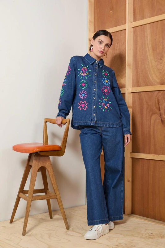 Image of a model wearing Outerwear. Productname: Friendly Folk Denim Shacket in Denim colour by brand - Gorman