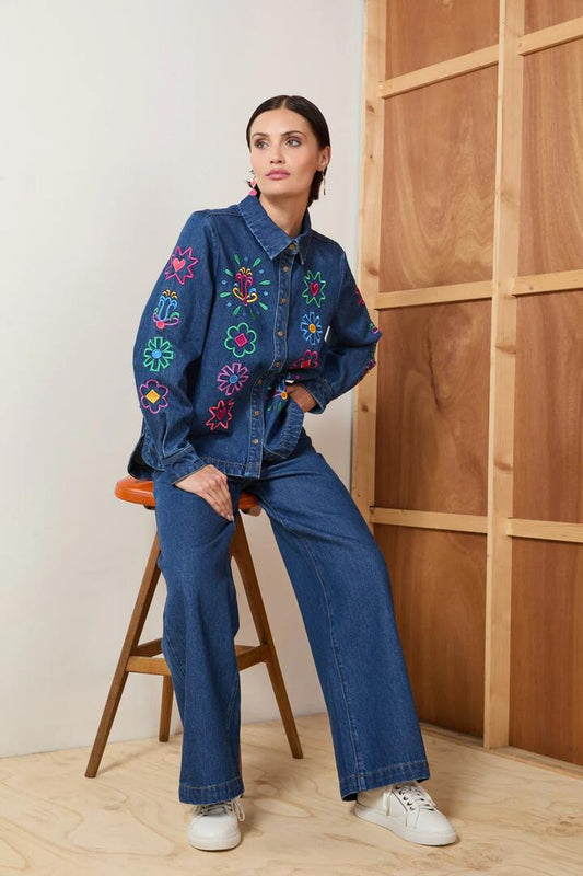 Image of a model wearing Denim. Productname: Friendly Folk Denim Jeans in Denim colour by brand - Gorman