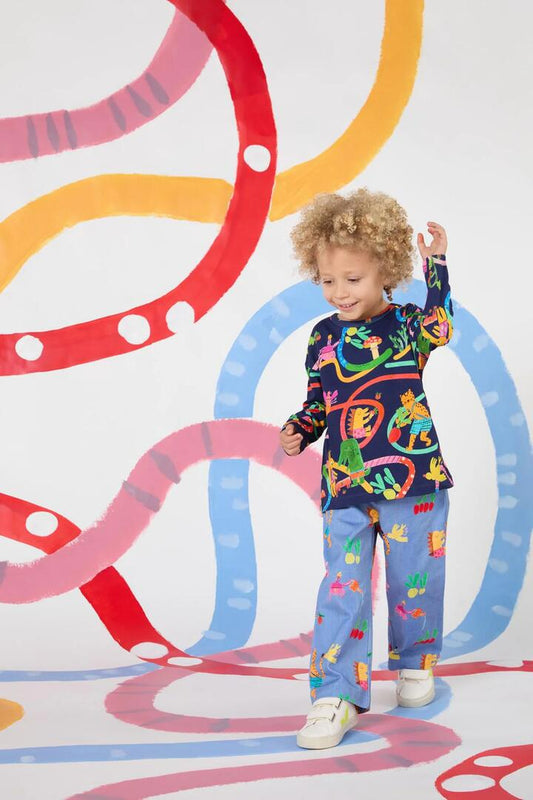 Image of a model wearing Tops. Productname: Riding Swirl Kids LS Tee in Navy colour by brand - Gorman