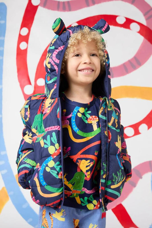Image of a model wearing Outerwear. Productname: Riding Swirl Kids Puffer Jacket in Navy colour by brand - Gorman